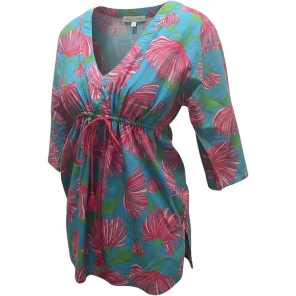 Lilly Pulitzer Tops - Lilly Pulitzer Tunic Top Womens XS Blue Pink Floral Drawstring V-Neck Cotton